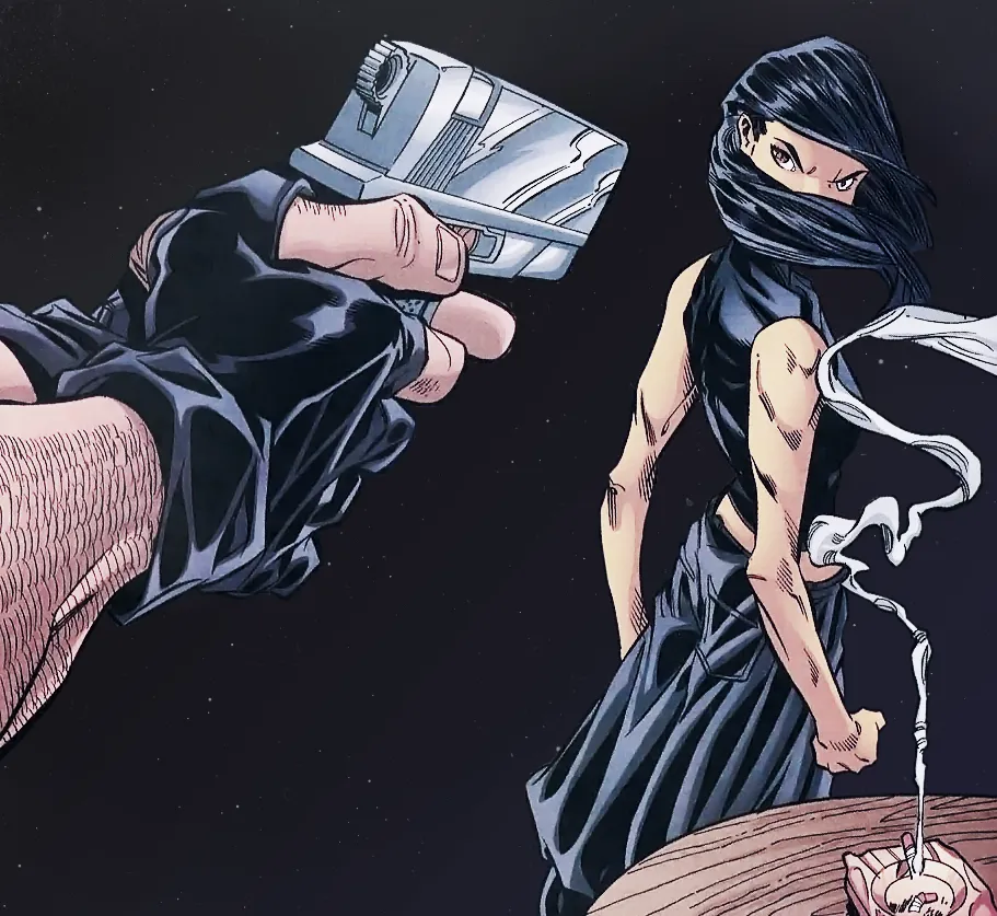 batgirl 2000 edit of a panel where a man aims a gun at cassandra cain, who readies herself by clenching her fists and glaring at the man behind her. beside her is a table with a smoking ash tray on it. the background is edited to be a subtle dark blue/black gradient