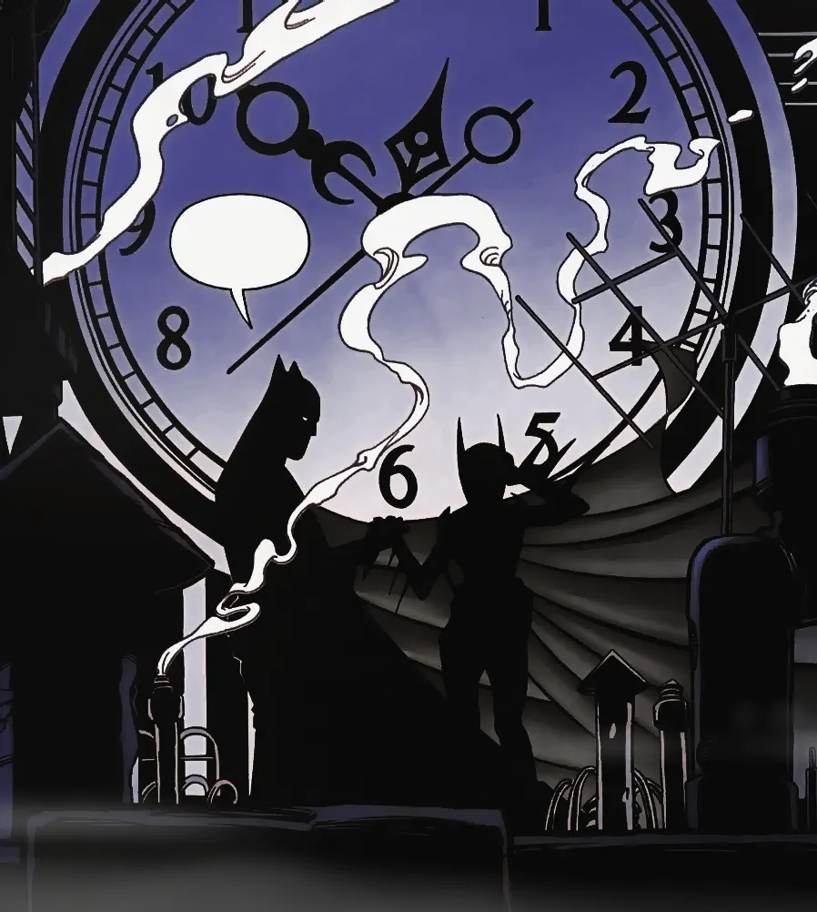 batgirl 2000 edit of a panel featuring batman and batgirl in silhouette standing before a large illuminated clock, with smoke all around the the room. everything is predominantly in black and white but there is a notable purple/blue to white gradient where the clock is illuminated