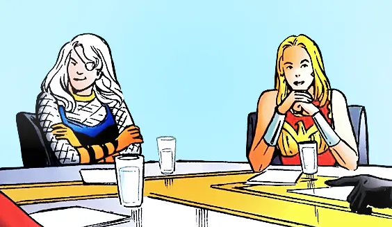 edited panel from teen titans 2003 showing rose wilson and cassie sandsmark sitting at a meeting table together, rose is smirking proudly and cassie looks pensive. the background is a light blue