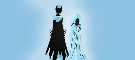 edit of cassandra cain as batgirl and raven from new teen titans, positioned as if they're standing next to but not facing each other. the background is a pale, cool blue, and there are spots of light white in the middle