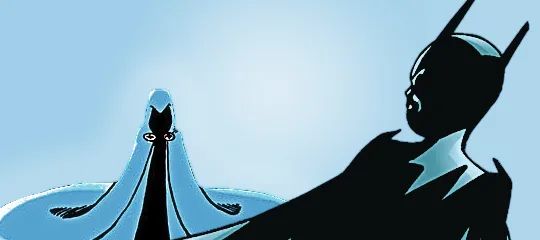 edit of cass as batgirl with her back to the viewer and facing a sitting raven whose cloak pools around her in a circle, both of their faces are obscured. the background is a pale blue with splotches of light