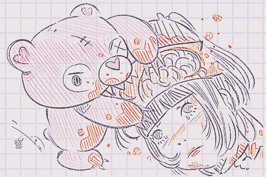 panel from luana vecchio's 'doll parts' showing a doodle of madeline's head being gorily torn open by a pink teddy bear on purple lined graph paper