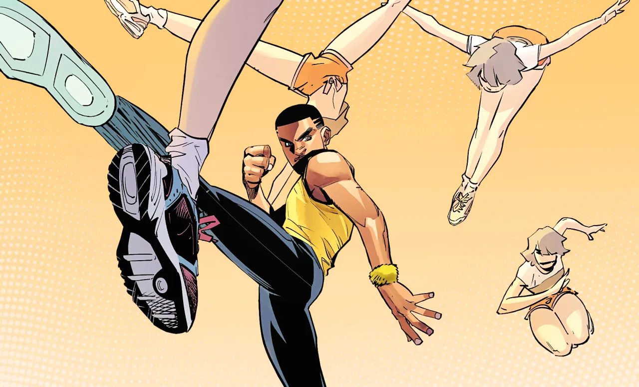edited batman and the outsiders panel where duke and cass are sparring, duke in the center aiming a kick at cass, who is shown in various action poses as she jumps over him and prepares to leap forward from behind him. the background is edited out and made a yellow-orange to white gradient, with polka dot half tones in various spots