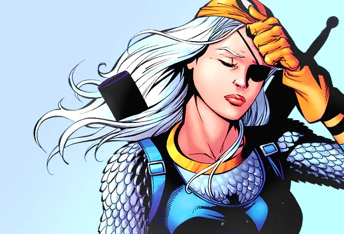 edit of a panel of rose wilson from teen titans volume 3 where she is removing her mask and looking solemn. the colors are washed out but bright and the background is a pale blue/teal gradient